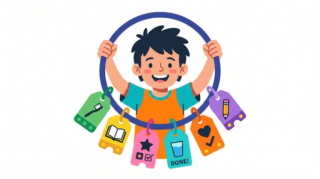 Happy boy holding a reward chart with task completion tags
