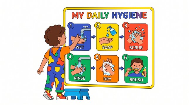 Child learning daily hygiene steps with a visual chart for handwashing and brushing teeth