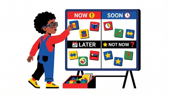 Child organizing tasks on a visual schedule board with icons for now later soon and not now