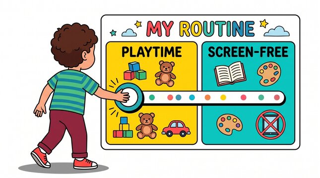 Child choosing between playtime and screen free activities on a routine chart