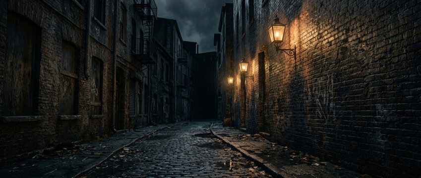 Gothic Alleyway at Night Victorian Gaslight Street Cobblestone Path Dark Atmosphere Moody Urban Scene
