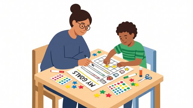 Teacher and child working on a goal chart with stickers and markers