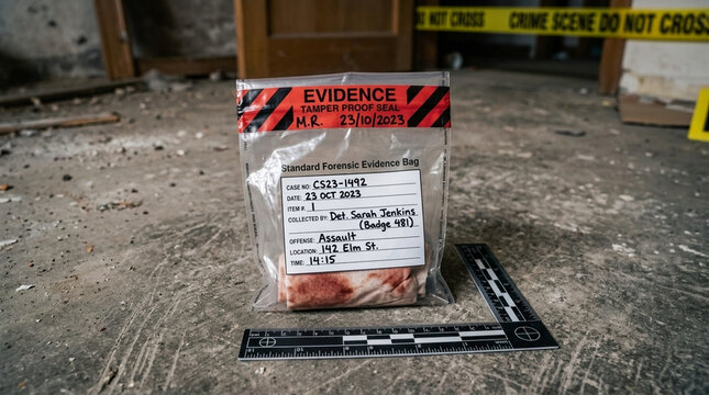 Forensic evidence bag with bloody sample and ruler on dusty floor crime scene investigation concept