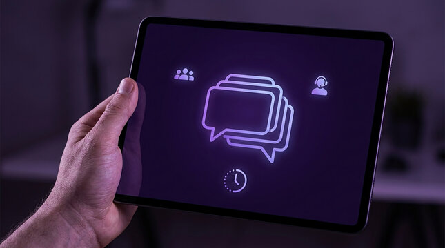 Close up of a hand holding a tablet displaying glowing neon icons for customer support, online chat messenger, and digital communication services.