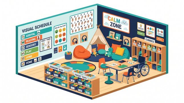 Autism Classroom Sensory Room and Visual Schedule for Special Education