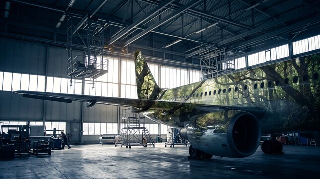 Large commercial airplane parked inside industrial hangar featuring forest overlay texture across fuselage