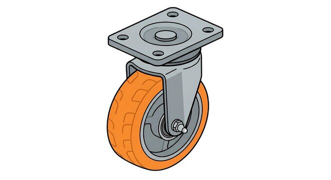 Industrial heavy-duty swivel plate caster wheel assembly with polyurethane tire and steel fork isolated on white background. Material handling equipment and mobile industrial cart component vector ill