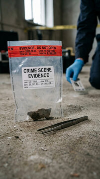 Forensic investigation evidence bag with tweezers and gloves on crime scene floor detective collecting clues