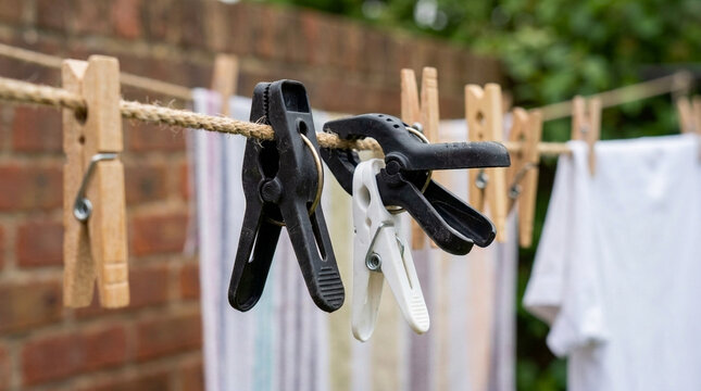 Laundry clips and clothes on a clothesline outdoors with a brick wall background