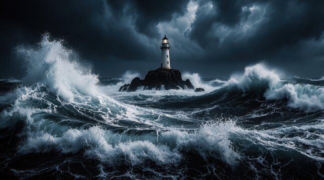 Tall lighthouse stands on dark rocky island during massive ocean storm. Powerful white waves crash against stone tower under heavy grey clouds. Violent sea spray, turbulent water create dramatic