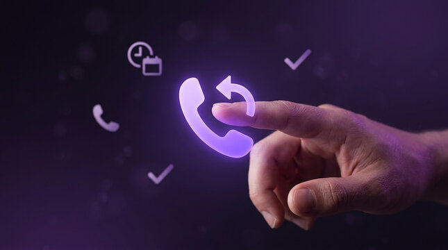 Digital Communication Technology Concept with a Human Hand Touching a Glowing Purple Phone Callback Icon for Customer Support and Business Service