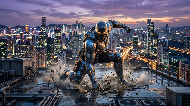 Futuristic Warrior Poses on Rooftop Overlooking Cityscape at Dusk Sci Fi Action Concept