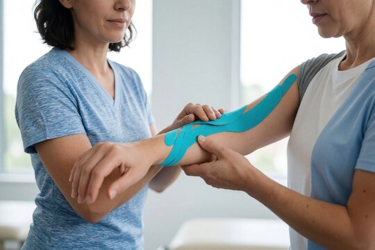 Female physiotherapist applies blue kinesio tape on woman arm in clinic. Specialist provides physical therapy for muscle injury, pain relief. Professional rehab treatment helps patient recover from
