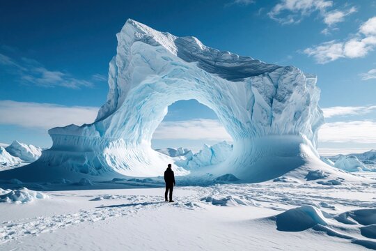 Lone man stands before massive blue iceberg with natural arch in arctic landscape. Adventurer explores giant ice formation under bright blue sky. Cold winter scenery shows huge glacier scale, remote