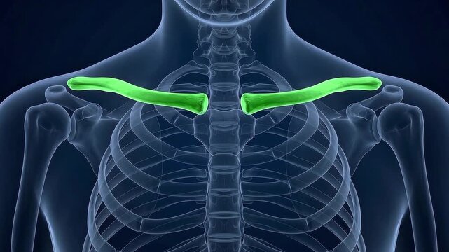 3D medical illustration showing the clavicle or collarbone highlighted in green on a human skeletal torso