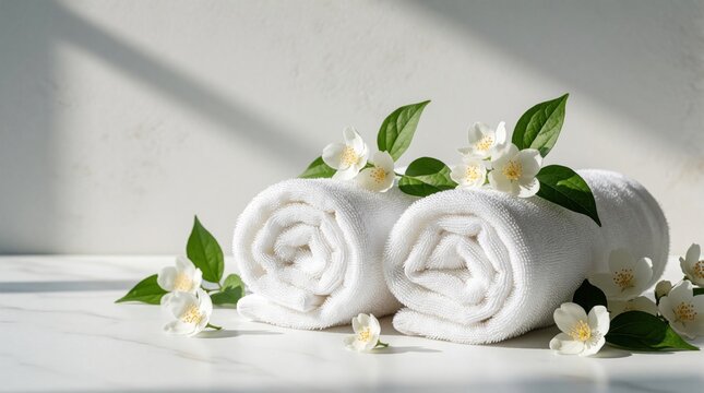 Two rolled white towels with jasmine flowers, green leaves on marble surface. Clean cotton textile with floral decor in spa wellness center. Calm aesthetic for beauty salon hotel bathroom hygiene,
