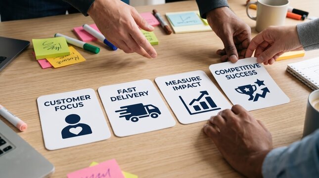 Team sorting business cards with customer focus and delivery icons