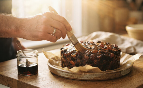 Middle-aged man glazing a homemade fruitcake with syrup using a pastry brush in a rustic kitchen setting, ideal for holiday baking and festive dessert concepts