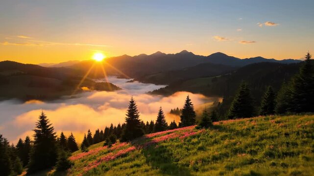 The Image Is A Beautiful Landscape Of A Mountain Range At Sunset The Sky