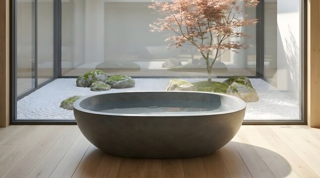 Bathroom with Soaking Tub and Zen Garden View