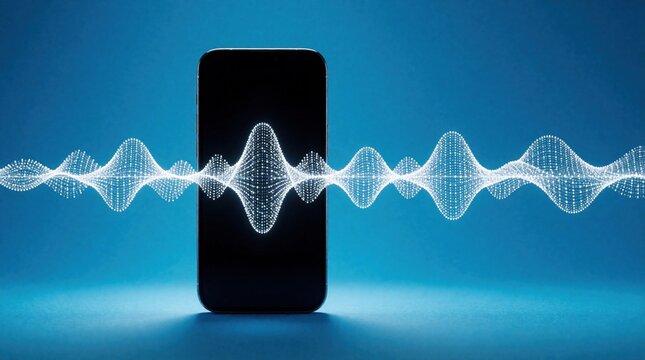 Smartphone with glowing digital audio wave on blue background. Mobile phone displays sound frequency signal. Voice assistant technology concept with wireless communication wave. Electronic device