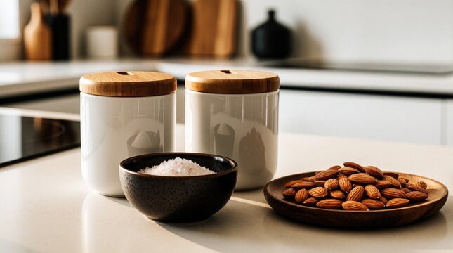 Modern kitchen interior with white ceramic canisters, wooden lids. Small dark bowl holds coarse sea salt near wooden plate of fresh almonds. Minimalist tabletop decor with organic ingredients for