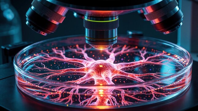 Microscope view of glowing red neuron cell in petri dish. Scientific neural network study shows brain synapse connection. Digital illustration of neuroscience research, biotechnology concept in lab.