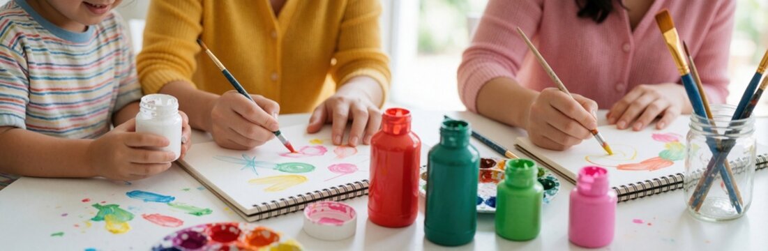 Gay parents, young child paint together in bright room. Diverse family enjoys creative hobby with colorful watercolor paints, brushes. Happy kids, adults bond through art activity, expressing