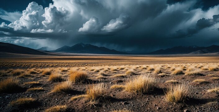 Desolate Tibetan Plateau landscape under dramatic storm clouds. Dry yellow grass grows on vast barren plains near dark mountains. Heavy rain falls from moody sky over wild mountain range. Epic nature