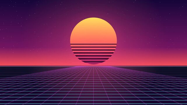 Retro Sunset Over Geometric Horizon with Gradient Sky and Parallel Lines
