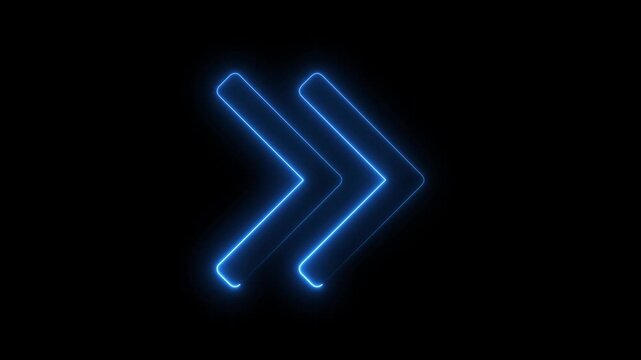 Glowing blue neon triple chevron arrows moving forward on black background abstract motion graphic digital animation futuristic