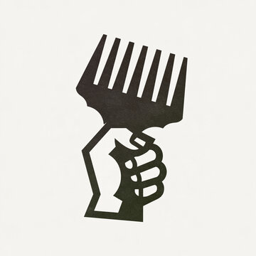 Minimalist black stencil icon of a hand holding an afro hair pick comb on off-white background. Bold geometric negative space logo style illustration for barbershop, hair salon, and grooming concept.