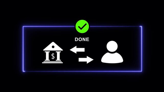 Digital banking transaction completed successfully animation featuring a bank building and user profile with glowing neon border for financial technology, online money transfer, and secure payment