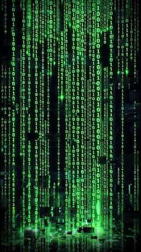 Vertical cascade of glowing neon green binary code falling down a dark digital screen with glitch effects