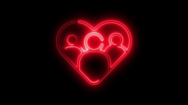 Red neon heart symbol with three people icons inside glowing on black background abstract concept of love community togetherness
