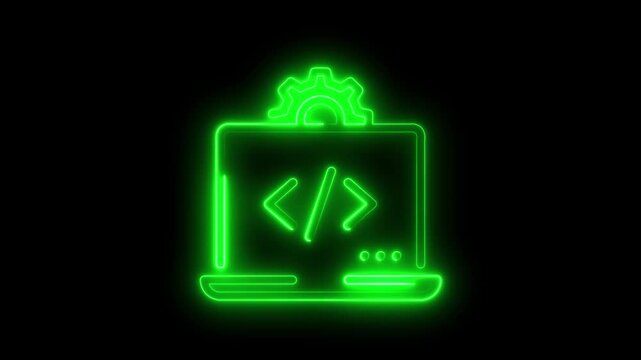 Neon green coding icon with gear and laptop symbolizing software development programming technology digital innovation and