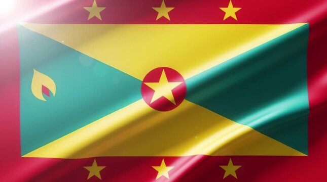 Vibrant national flag of Grenada, featuring its distinctive colors, stars, and nutmeg symbol, with a glossy, waving texture.