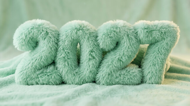 Fluffy mint green numbers representing the year 2027 on a soft textured fabric background