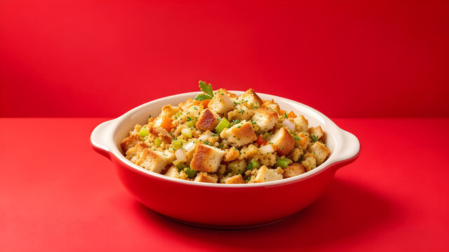 Homemade thanksgiving stuffing in red casserole dish for holiday feast