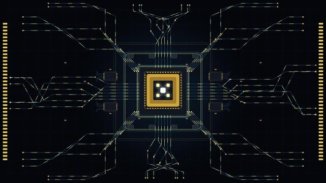 Digital circuit board motion graphic loop with processor chip core, glowing neon lines, futuristic technology interface animation
