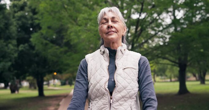 Fitness, old woman and stretching arms at park for injury prevention, blood circulation and wellness. Breathing, person and warm up muscle for exercise preparation, health lifestyle or retirement