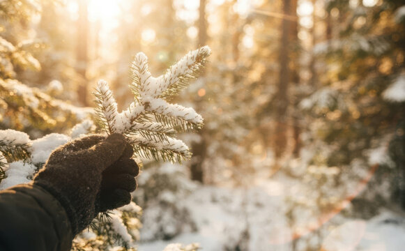 Gloved hand holding snowy fir tree branch in winter forest with warm sunlight for holiday concepts