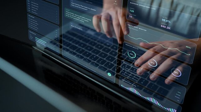 Hands type on a laptop. A business assistant uses conversation to organize priorities and coordinate work, connecting human requests with automated operational tasks.