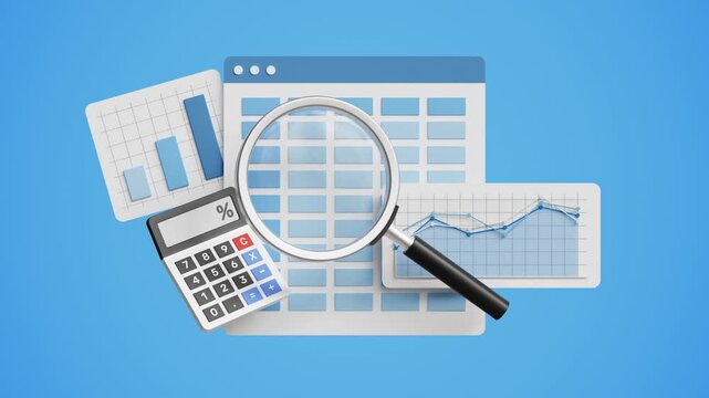 Accounting and finance audit concept. Budget calculation, profit and loss analysis, financial reports with graphs and charts. Business Spreadsheet with graphs, magnifying glass, calculator. 3d video