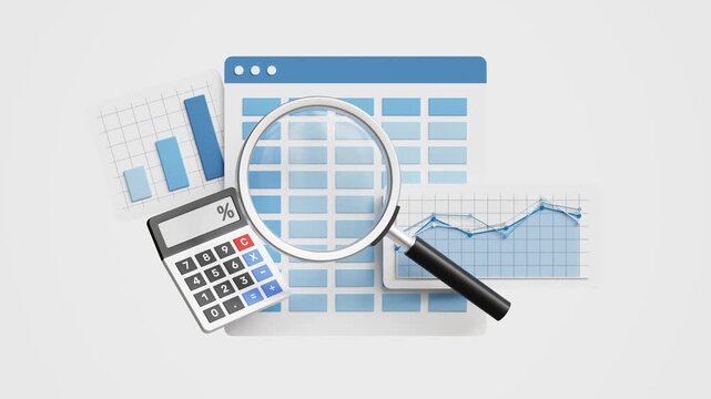 Inspecting financial documents with magnifying glass. Finance report, audit analysis, business tax calculation, bank statement, account statistics. 3d video animation