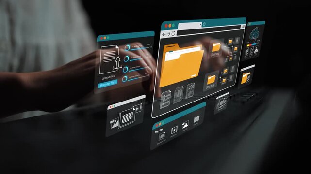 Futuristic Digital Workspace with Transparent User Interface Showcasing File Management and Data Organization in a Modern Setting Sigmoid