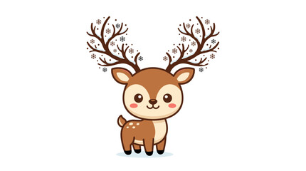 Cute cartoon reindeer vector illustration with decorative antlers featuring snowflake patterns, brown fawn character with spots on a white background for Christmas holiday design. © achmad