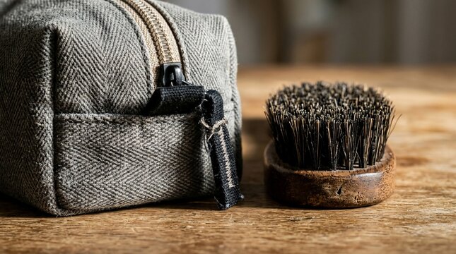 grey fabric cosmetic pouch with zipper and round wooden brush on table
