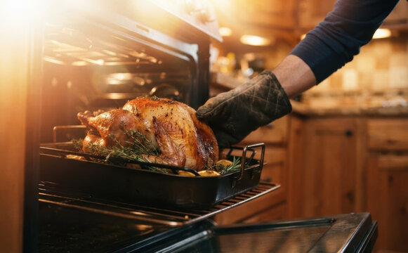Person wearing oven mitt taking roasted turkey out of oven for thanksgiving dinner celebration