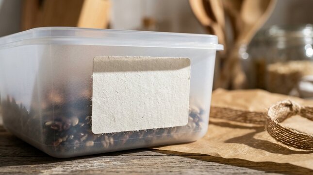 Plastic food container with blank label resting on rustic wooden table